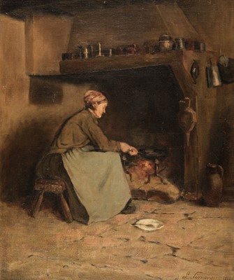 Lot 163 - Simonau (L., late 19th century). Woman cooking at the fireside, 1893, oil on canvas