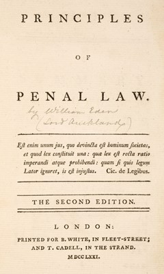 Lot 233 - Eden (William). Principles of Penal Law, 2nd edition, London: B. White and T. Cadell, 1771