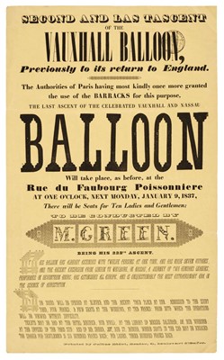 Lot 77 - Ballooning Broadsides. Second and Last Ascent of the Vauxhall Balloon, 1837 and similar broadsides