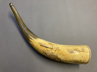 Lot 379 - Scrimshaw. A scrimshaw work cow horn, carved with a British three masted ship