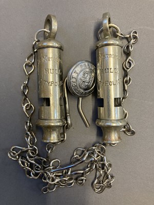 Lot 377 - Police Whistles. Two Hull City Police whistles