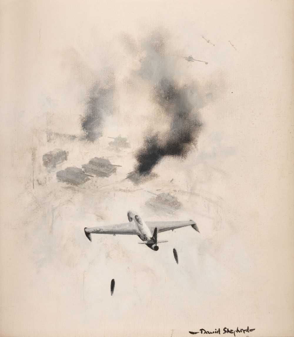 Lot 54 - Shepherd (David, 1931-2017). Shooting stars attacking tank formation, circa 1964, oil on canvas