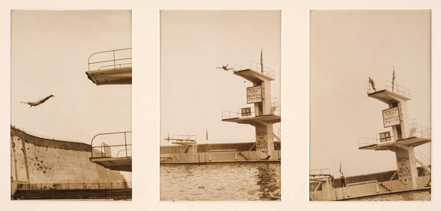 Lot 148 - High Board Diving. A group of 5 enlarged photographs of high board diving in England, 1940s