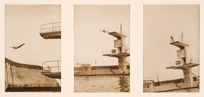 Lot 148 - High Board Diving. A group of 5 enlarged photographs of high board diving in England, 1940s