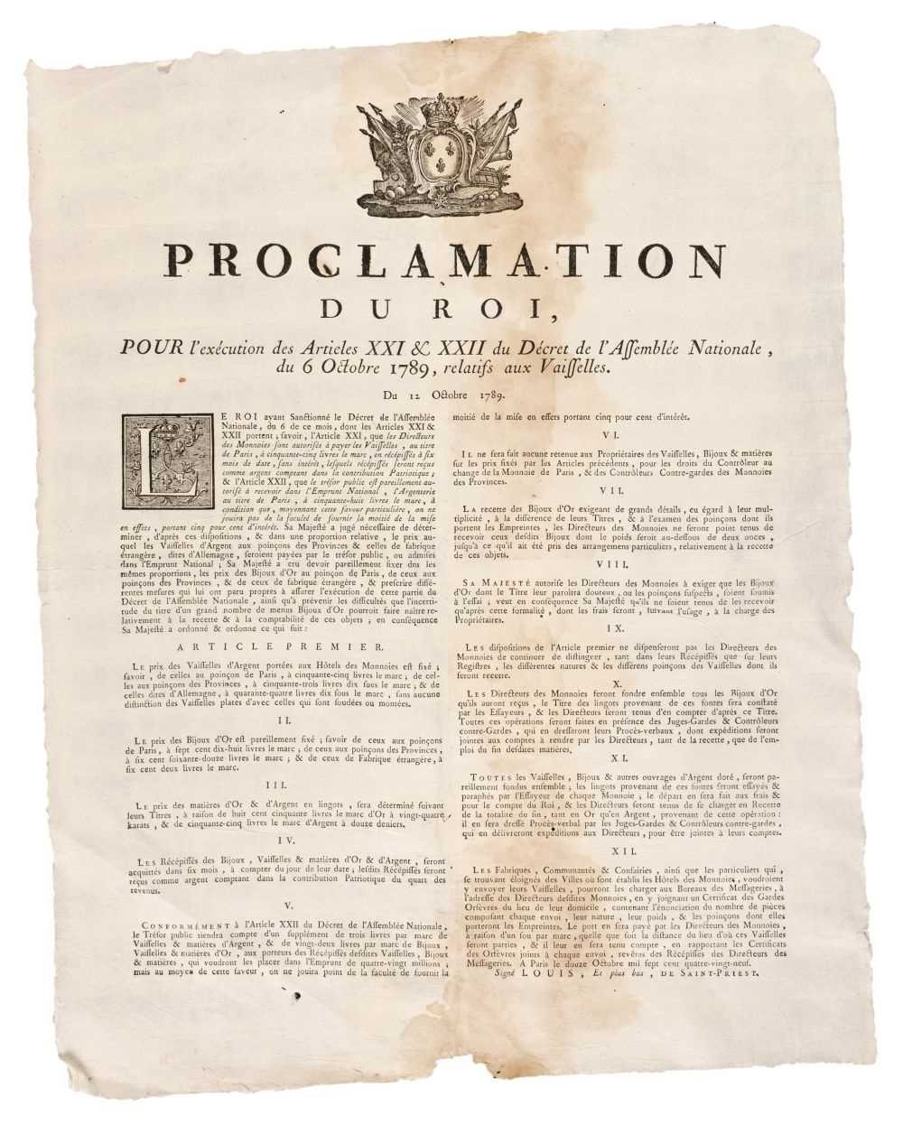 Lot 296 - Louis XVI (King of France, 1774-1792). Proclamation du Roi..., 1789