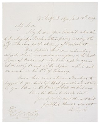 Lot 316 - Wellesley (Arthur, 1769-1852). Autograph Letter Signed, ‘Wellington’, 15 January 1839