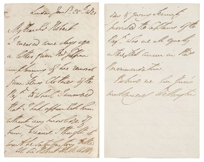 Lot 318 - Wellesley (Arthur, 1769-1852). Autograph Letter Signed, ‘Wellington’, London, 25 January 1821