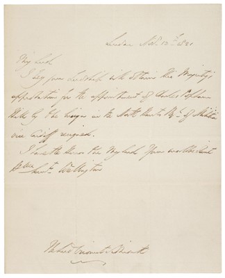 Lot 317 - Wellesley (Arthur, 1769-1852). Autograph Letter Signed, ‘Wellington’, 25 October 1824