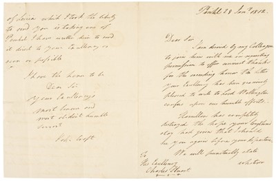 Lot 308 - Peninsular War. Autograph Letter Signed, ‘John Croft’, Pinhill, 26 January 1812