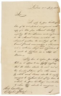 Lot 309 - Peninsular War. Autograph Letter Signed, ‘John Jeffrey’, Lisbon, 2 July 1812