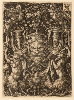 Lot 49 - Aldegrever (Heinrich, 1502-1555/1561). Mask and eagle flanked by two fauns, 1549