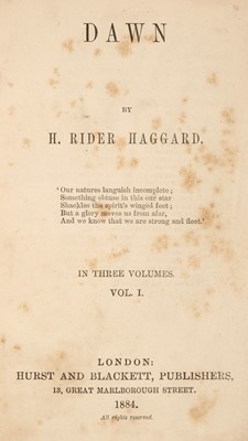 Lot 562 - Haggard (H. Rider). Dawn, 3 volumes, 1st edition, London: Hurst and Blackett, 1884