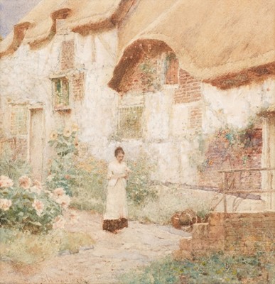 Lot 220 - Woodlock (David, 1842-1929). Young Woman outside Anne Hathaway's Cottage, watercolour