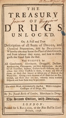 Lot 223 - Berlu (John Jacob). The Treasury of Drugs Unlock'd, 2nd edition, 1738