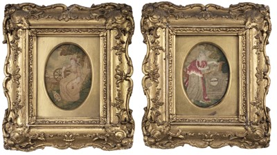 Lot 734 - Embroidered Pictures. A pair of oval embroideries, circa 1790