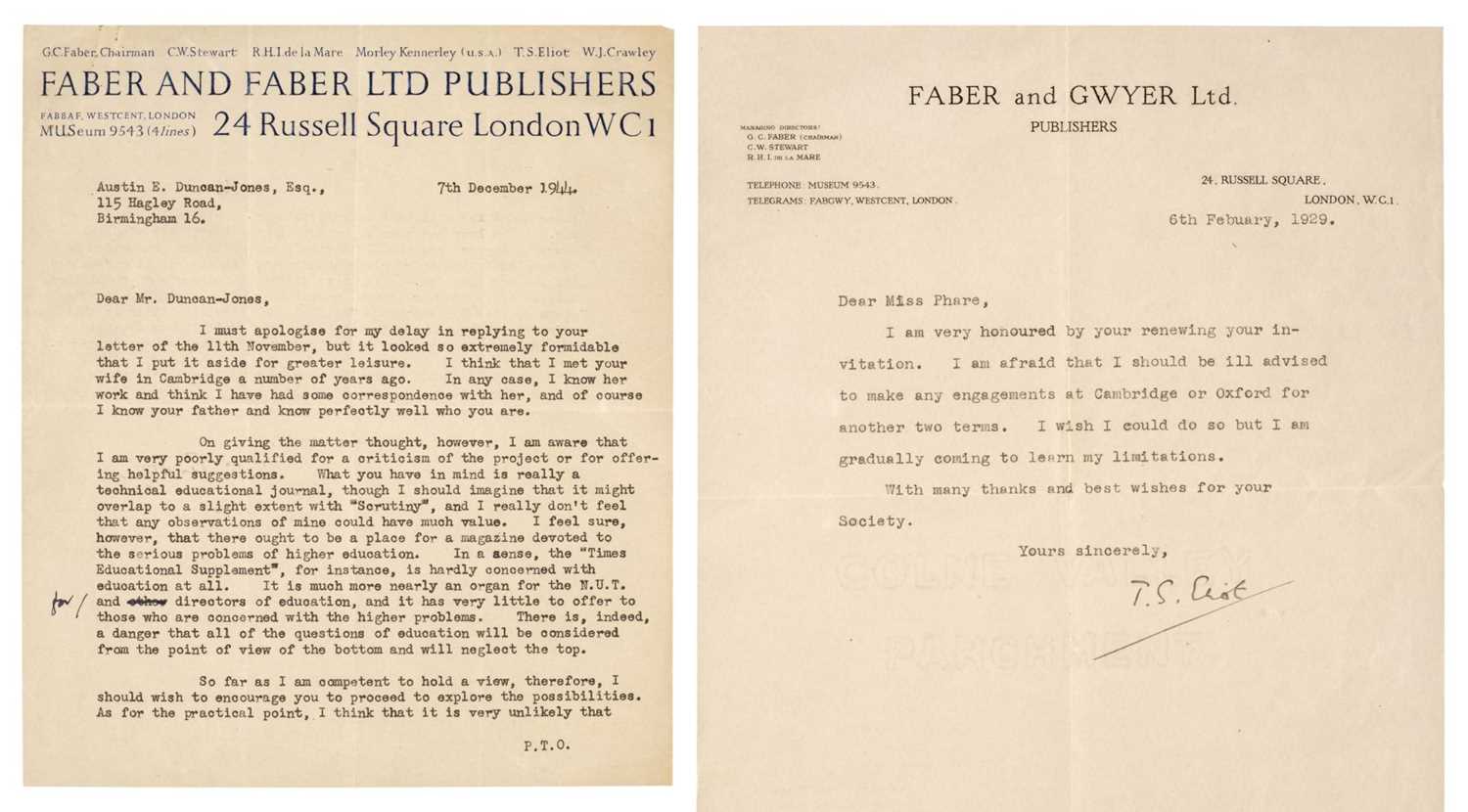 Lot 725 - Eliot (Thomas Stearns, 1888-1965). Two Typed Letters Signed, ‘T. S. Eliot’