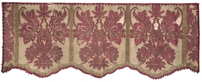 Lot 458 - Appliqué Pelmets. A set of cloth of gold and red damask pelmets, probably Spanish, late 17th century