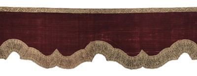 Lot 700 - Pelmets. A pelmet of 17th century red silk velvet, & a pair of 19th century pelmets