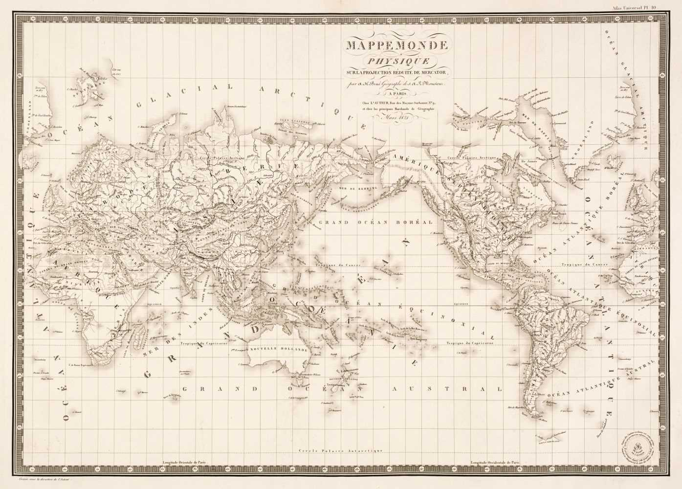 Lot 119 - World. Brue (Adrien Hubert), Mappe Monde Physique..., Paris, 1821