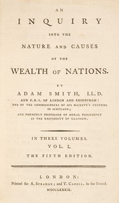 Lot 334 - Smith (Adam). An Inquiry into the Nature and Causes of the Wealth of Nations, 3 volumes