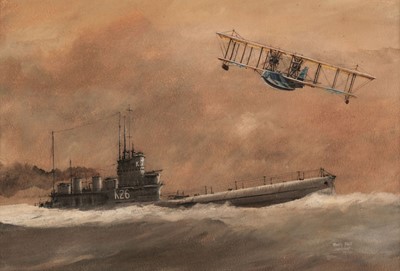 Lot 209 - Page (James). HMS K26 with bi-plane above, 1918, watercolour on card