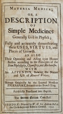 Lot 70 - 1716 Tournefort (Joseph Pitton de). Materia medica, 2nd edition, 1716
