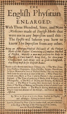 Lot 642 - Culpeper (Nicholas). The English Physitian Enlarged, London: Peter Cole in Leaden-Hall, 1653