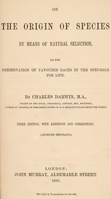 Lot 531 - Darwin (Charles). On The Origin of Species, 3rd edition, London: John Murray, 1861