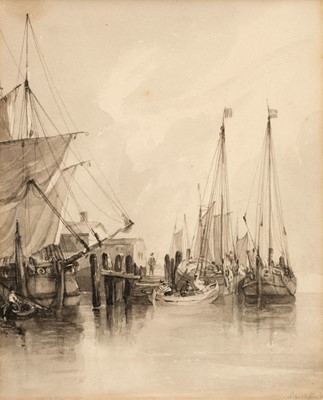 Lot 173 - Owen (Samuel, 1768-1857). Boats on a quayside, grisaille watercolour on paper