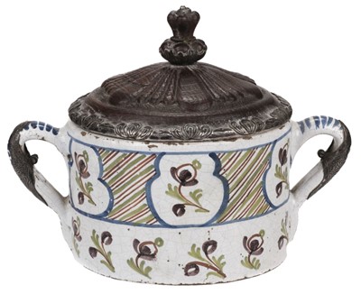 Lot 492 - Delft Posset Pot. An 18th Dutch Delft two handle posset pot with added wood cover