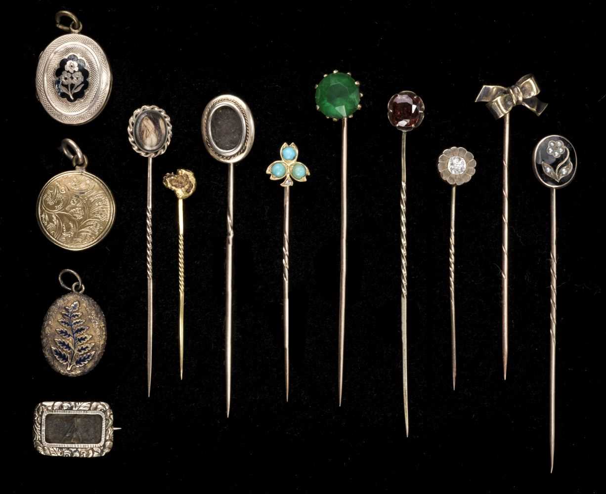 Lot 478 - Tie Pins. A collection of tie pins and mourning jewellery