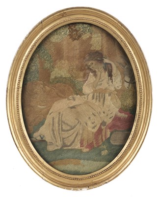 Lot 733 - Embroidered picture. Oval picture of a young girl wearing a bonnet, circa 1790-1810