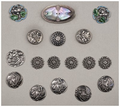 Lot 642 - Art Nouveau Silver Buttons. A good collection of silver and white metal Art Nouveau buttons