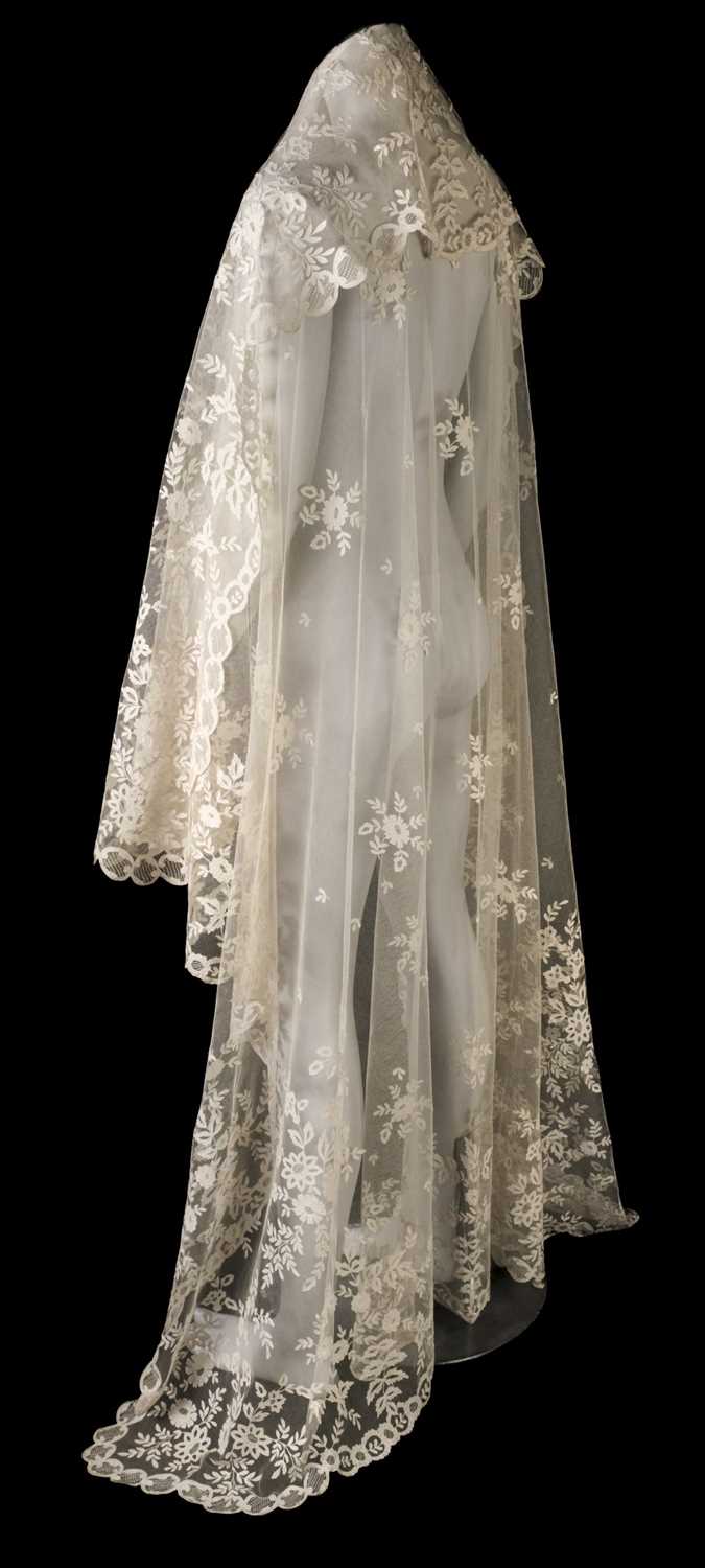 Lot 752 - Lace Veil. A tambour work appliqué veil, 19th century, & other tambourwork and needlerun lace items