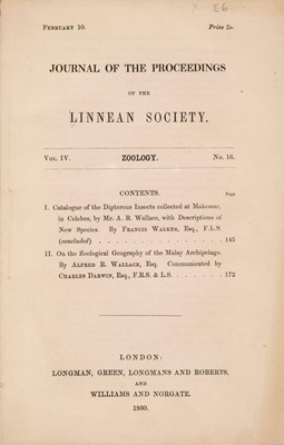 Lot 626 - Wallace (Alfred Russel). Journal of the Proceedings of the Linnean Society, 1860
