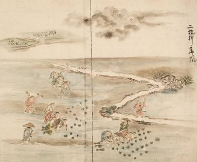 Lot 242 - Japanese School. Landscape with Figures, 18th century, two watercolour and ink