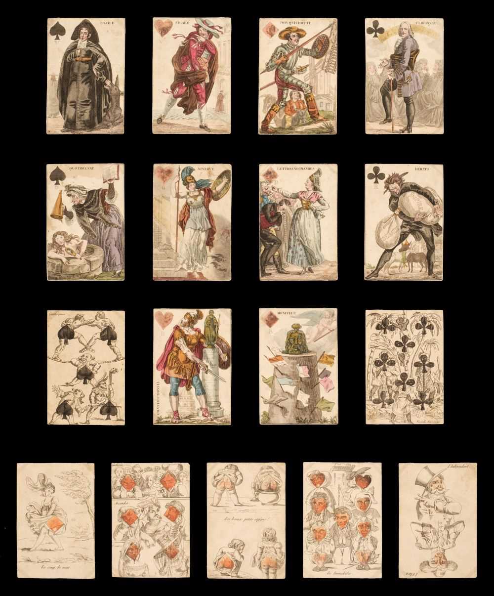 Lot 375 - French transformation playing cards. Cartes á Rire, Jeu des Journaux, Grandebes, c. 1819, & 3 others