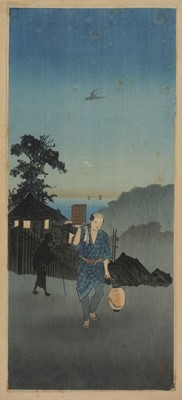 Lot 254 - Takahashi Shōtei 高橋松亭 (1871-1945). Returning Home, colour woodblock print and others