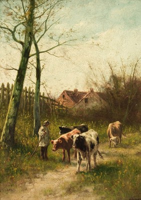 Lot 159 - Hulk (William Frederick, 1852-1922). Cows and Cowherd in a landscape