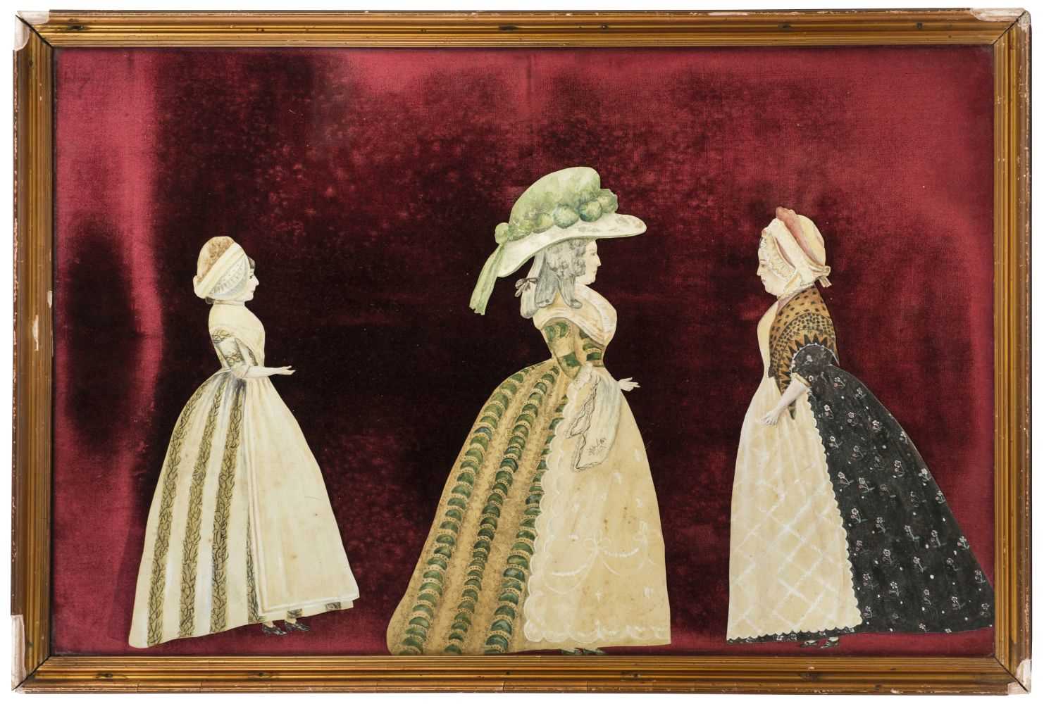 Lot 727 - Cut-out Figures. Two framed painted cut-out portraits of 18th century ladies, circa 1785