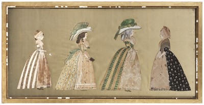 Lot 727 - Cut-out Figures. Two framed painted cut-out portraits of 18th century ladies, circa 1785