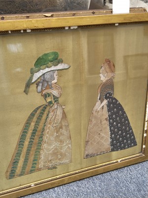 Lot 727 - Cut-out Figures. Two framed painted cut-out portraits of 18th century ladies, circa 1785