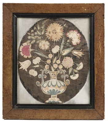 Lot 735 - Fabric Collage. Still-life of flowers in a vase, possibly Continental, 18th century