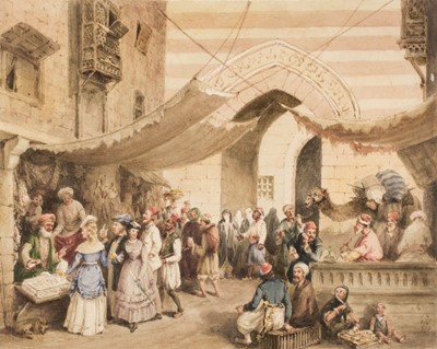 Lot 215 - Prinsep (William, 1794-1874).  A Visit to the Bazaar, Cairo, 1870, watercolour