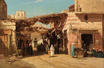 Lot 122 - Varley (John, 1850-1933). Bazaar in the Mansoor Pasha Street Cairo, 1894, oil on canvas