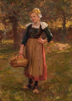 Lot 164 - Deyrolle (Théophile Louis, 1844-1923). Young Breton woman in an Orchard, oil on canvas