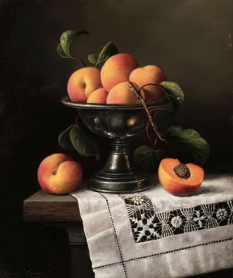 Lot 310 - Davies (Brian 1942-2014). Still Life of Peaches, in a silver bowl on a table, oil on canvas