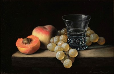 Lot 309 - Davies (Brian 1942-2014). Still Life of Peaches and Grapes, oil on canvas