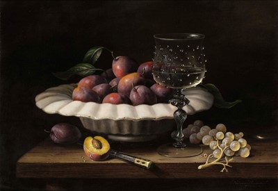 Lot 311 - Davies (Brian 1942-2014). Still Life of Plums, oil on canvas