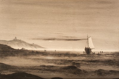 Lot 176 - English School. Figures on a beach at low tide, with boat, under a shrouded moon, possibly Scarborough, circa 1840